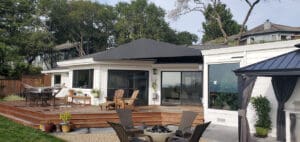 Custom black awning over a deck